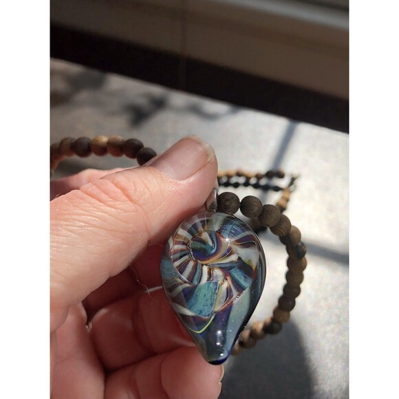 Handblown Glass Pendant On 20” Wooden Bead Necklace Boho Style Artisan Made 2008 - Picture 6 of 16